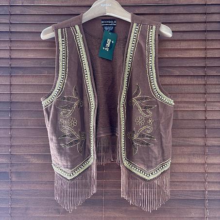 Veste sans manches 100 % cotton avec franges et broderies ornées - Marron, Vintage