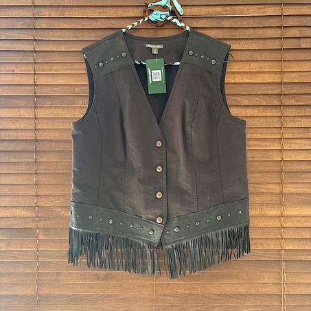 Veste sans manches marron foncé avec franges  - Vintage