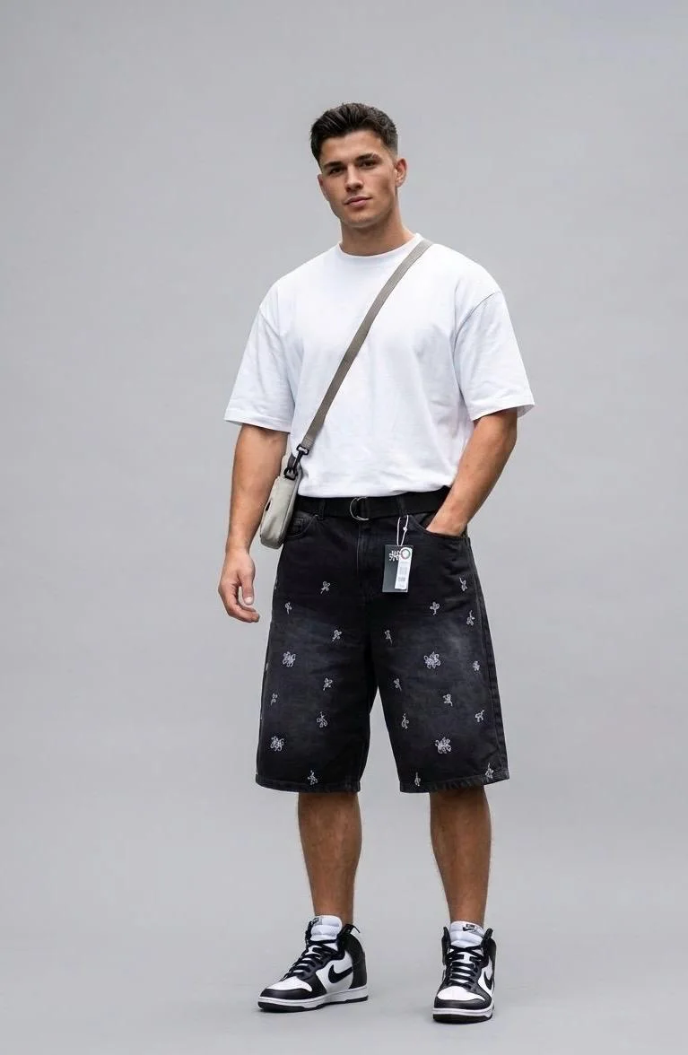 Short jeans noir avec motifs brodés