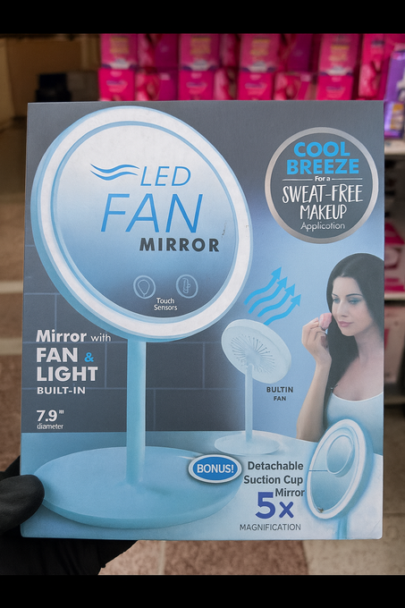 مرآة LED بالمروحة – إطلالة مثالية بدون عرق ولا إزعاج