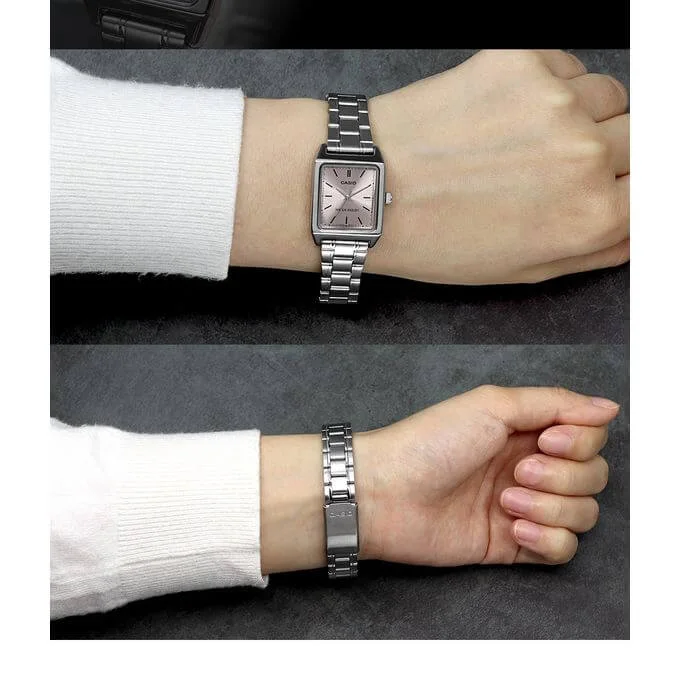 Casio – Carre pour femme – Cadran rose – Bracelet en acier – LTP-V007D-4EUDF