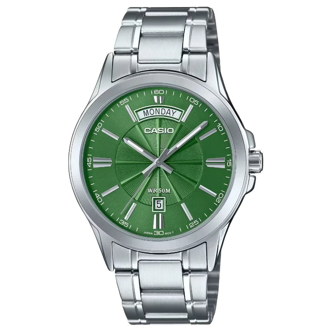 Casio – Dotée d’un cadran vert vif & dateur jours/mois – Tout en acier inoxydable – MTP-1381D-3AV