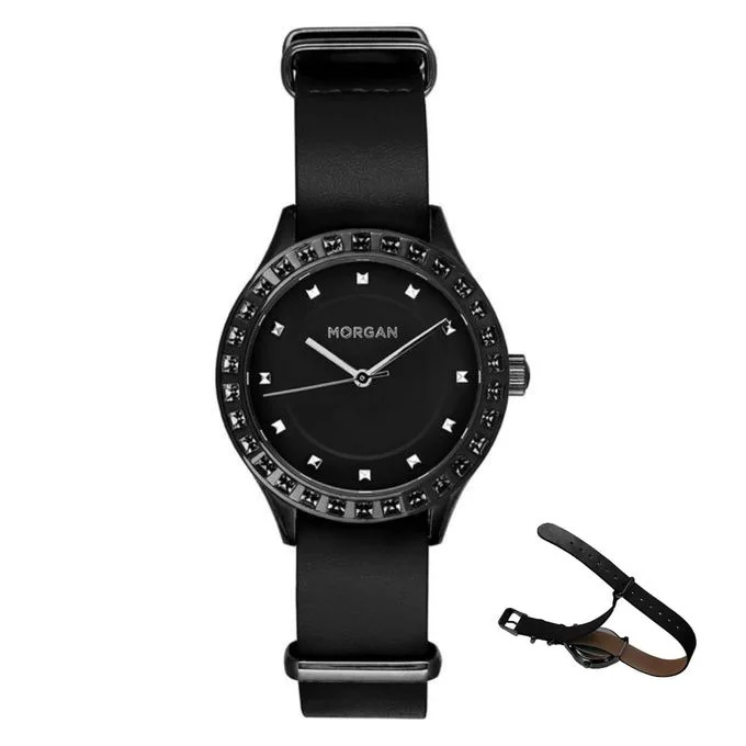 Morgan Montre boîtier métal noir avec pierres sertie et bracelet nato noir -MG001S/3AA2