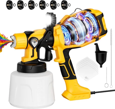 Pulverizador de pintura para pintura de casa, pulverizador de pintura con potente motor de cobre de 1000 W, recipiente de 47 onzas, 6 boquillas de latón y luz LED, fácil de limpiar para casa,