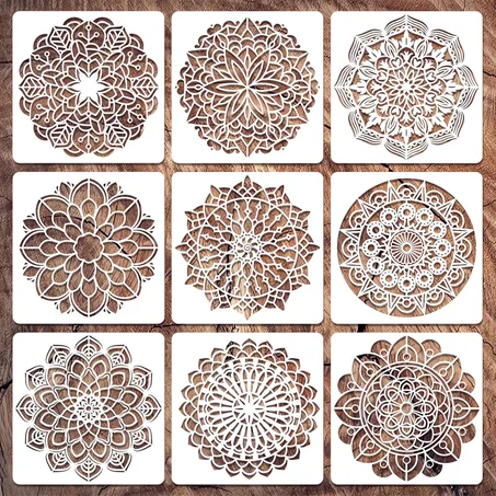 Plantillas de pared para pintar patrones grandes, 9 plantillas de mandala para manualidades en suelo de pared de madera, plantillas reutilizables de plástico de 12 pulgadas para decoración de