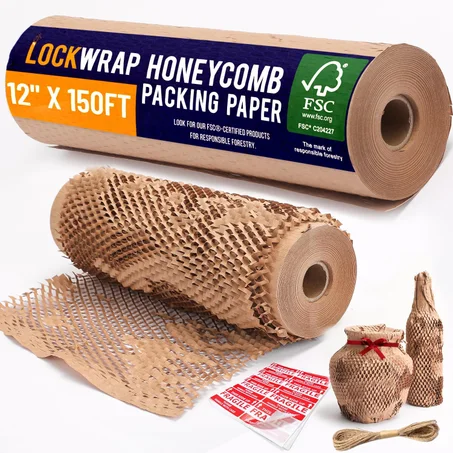 Papel de embalaje de panal de abeja de 12" x 150 pies con cuerda y 20 calcomanías frágiles | Suministros de envío y mudanza | Suministros de embalaje para pequeñas empresas | Papel de embalaj