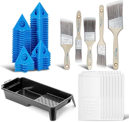KATA Kit de herramientas de pintura para el hogar, bandeja de pintura de 4 pulgadas con 8 revestimientos desechables, 32 soportes piramidales para pintores, paquete de 5 pinceles de pintura p