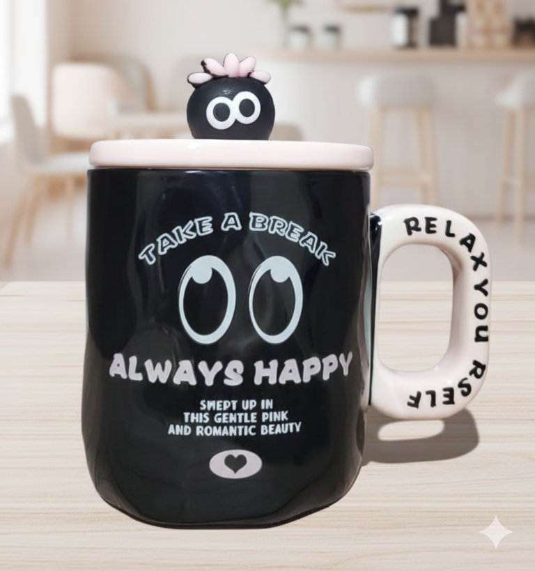 Creative Black Ceramic Mug with Lid – 400ml