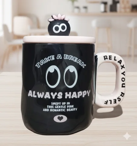 Creative Black Ceramic Mug with Lid – 400ml
