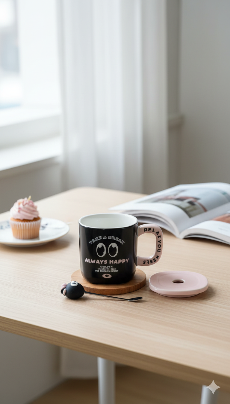 Creative Black Ceramic Mug with Lid – 400ml