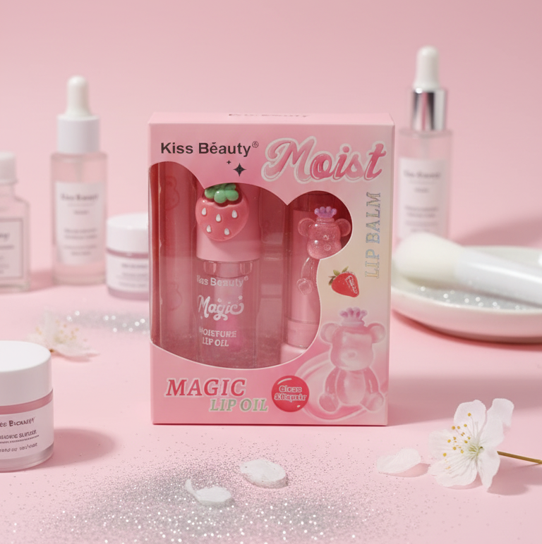 Magic Lip Oil – Kiss Beauty (مجموعة ترطيب الشفاه بالفراولة)