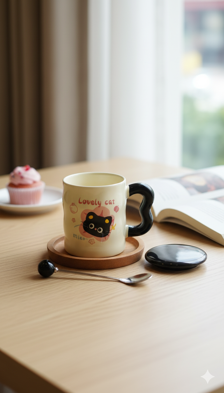 ☕ كوب سيراميك بتصميم قطة مع غطاء وملعقة – 400 مل
