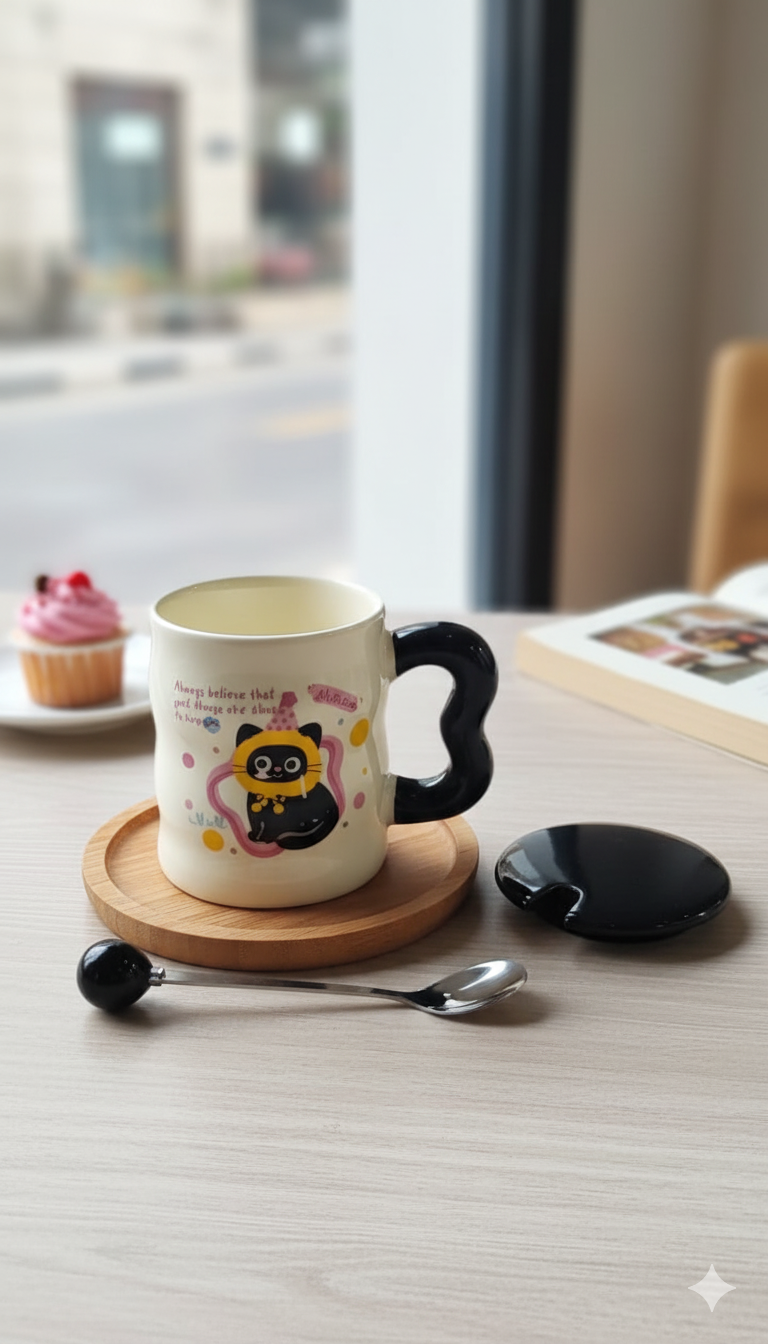 ☕ كوب سيراميك بتصميم قطة مع غطاء وملعقة – 400 مل