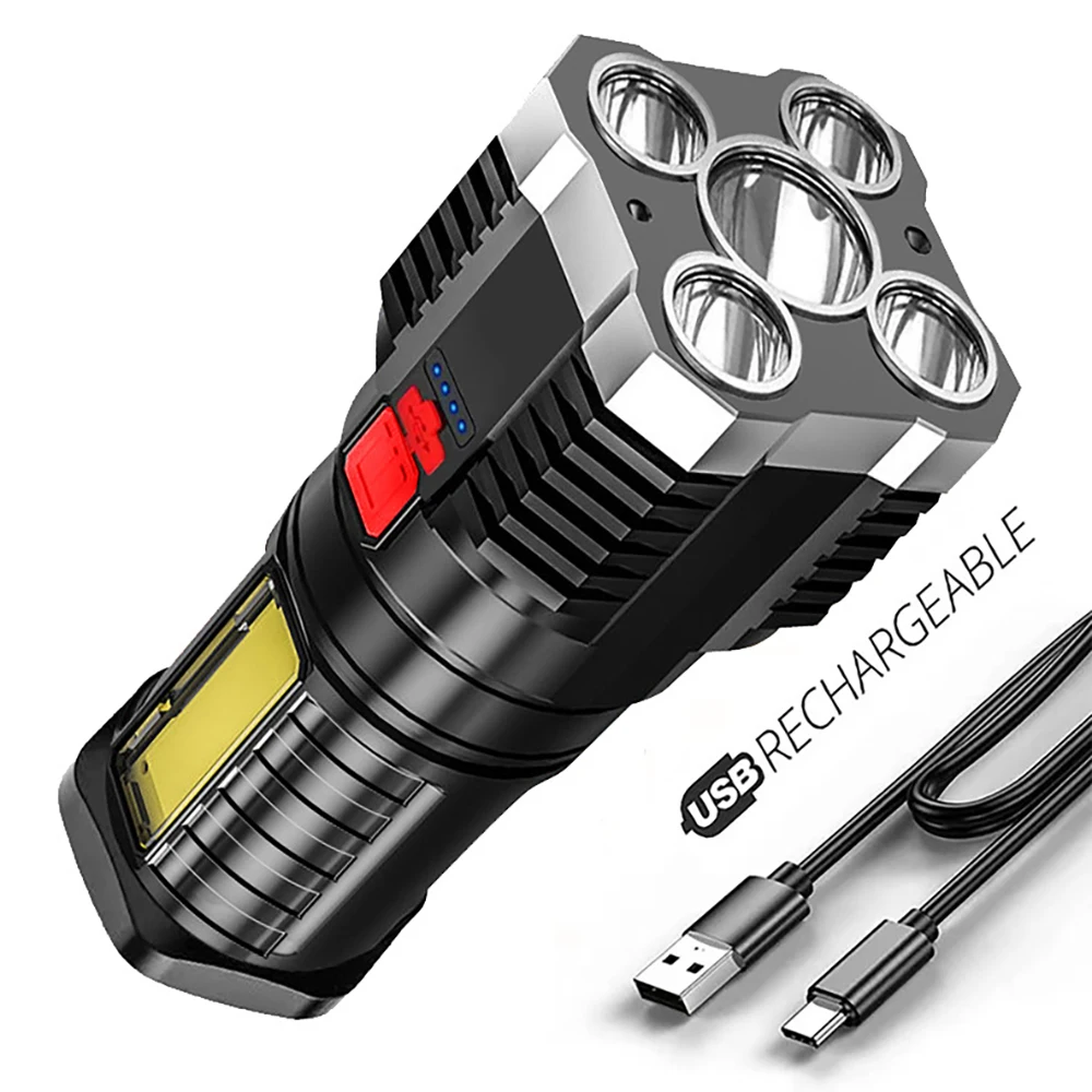 Lampe de poche LED haute puissance 5 lights. Projecteur Rechargeable avec lumière latérale et 3 modes d’éclairage