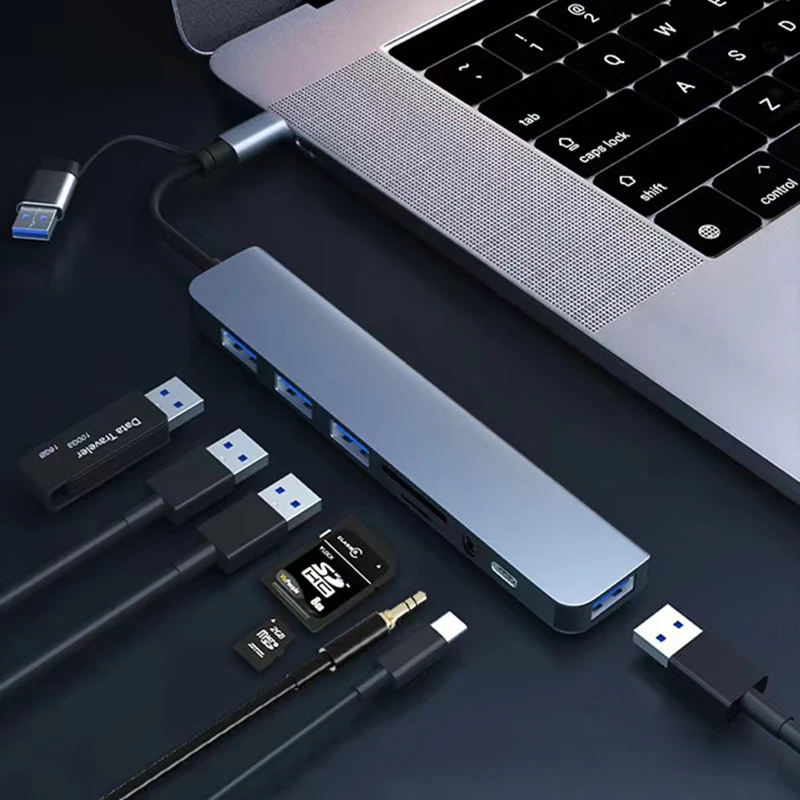 Station d’accueil HUB USB + Type C 8 en 2 – Adaptateur multifonction avec Jack Audio 3.5mm et lecteur de carte Micro SD