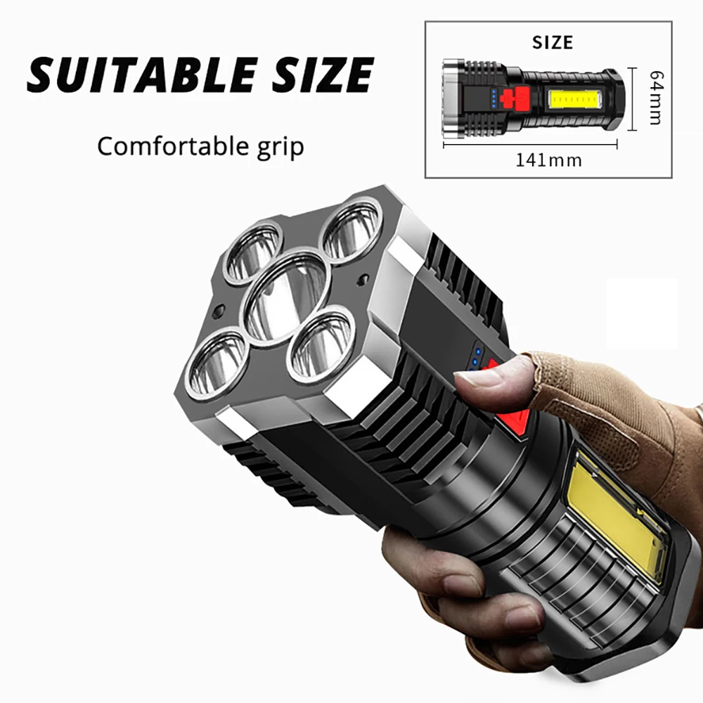 Lampe de poche LED haute puissance 5 lights. Projecteur Rechargeable avec lumière latérale et 3 modes d’éclairage