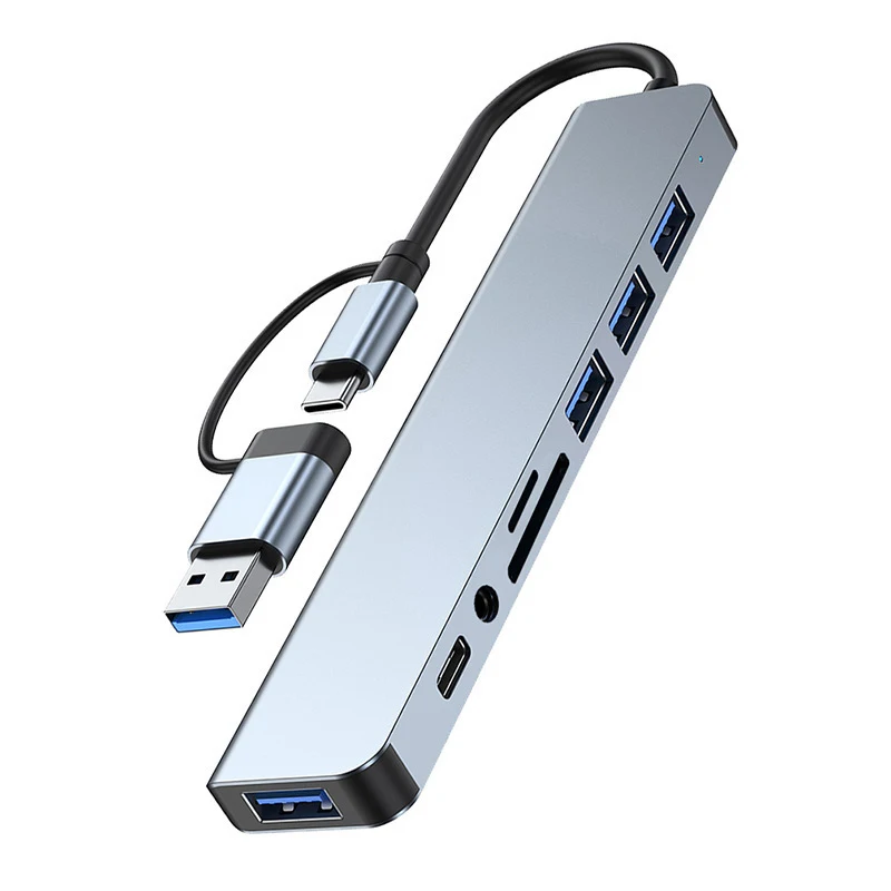Station d’accueil HUB USB + Type C 8 en 2 – Adaptateur multifonction avec Jack Audio 3.5mm et lecteur de carte Micro SD