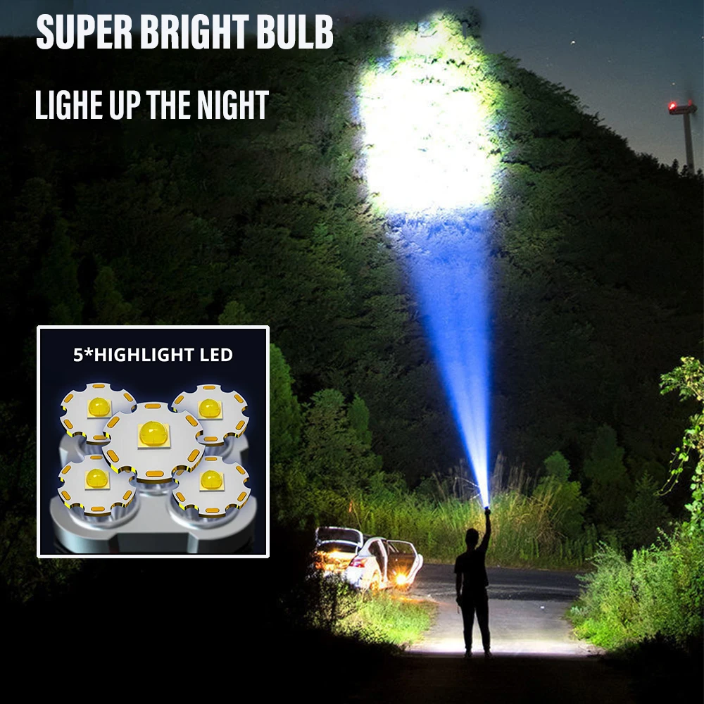 Lampe de poche LED haute puissance 5 lights. Projecteur Rechargeable avec lumière latérale et 3 modes d’éclairage