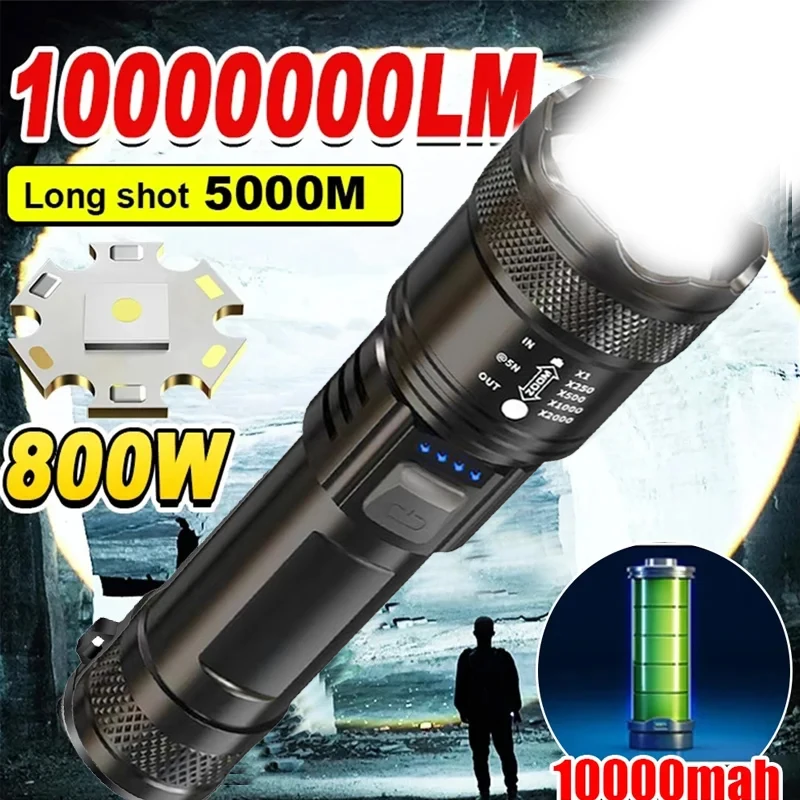 Lampe LED haute puissance, lampe torche avec lumière d'affichage, charge USB, camping, pêche