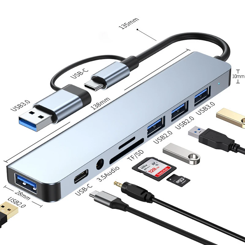 Station d’accueil HUB USB + Type C 8 en 2 – Adaptateur multifonction avec Jack Audio 3.5mm et lecteur de carte Micro SD