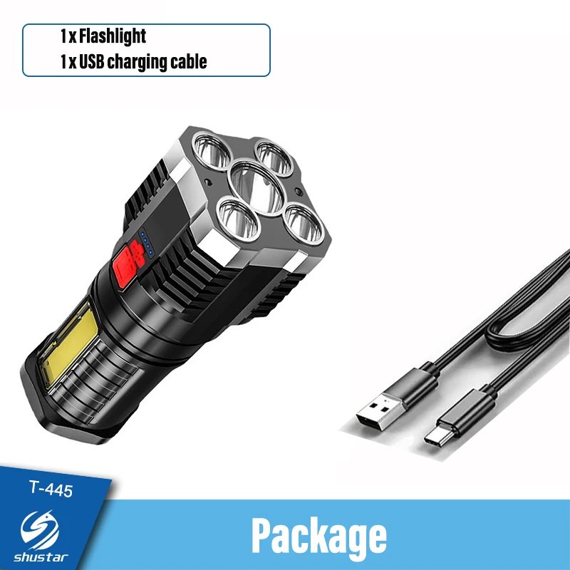 Lampe de poche LED haute puissance 5 lights. Projecteur Rechargeable avec lumière latérale et 3 modes d’éclairage