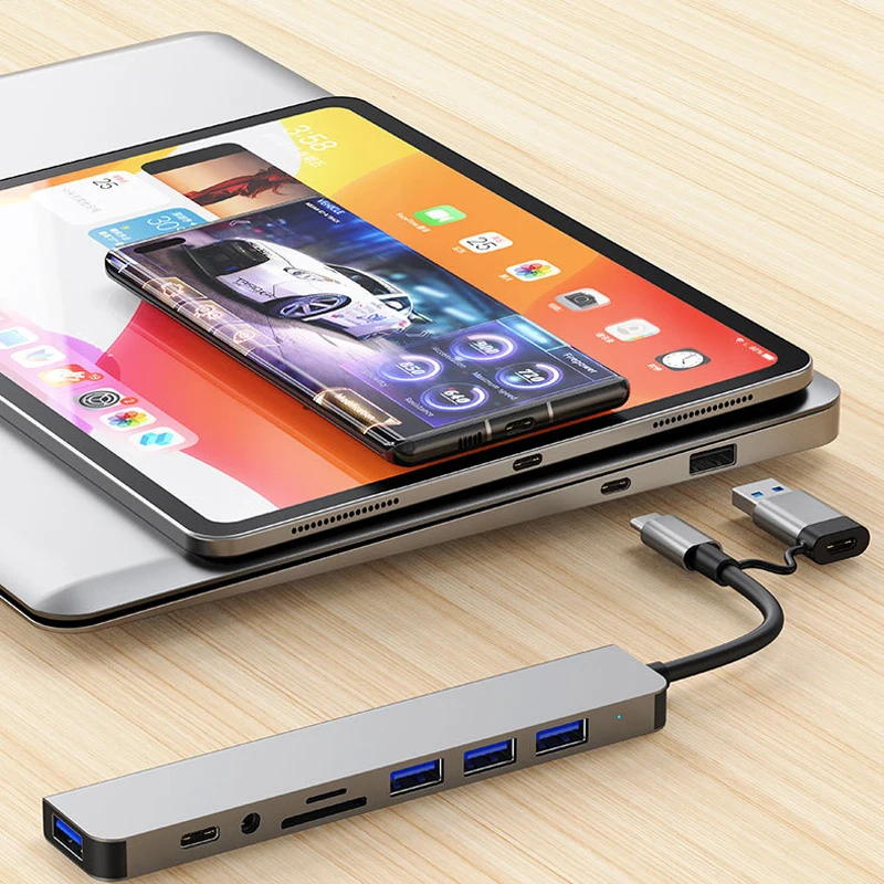 Station d’accueil HUB USB + Type C 8 en 2 – Adaptateur multifonction avec Jack Audio 3.5mm et lecteur de carte Micro SD