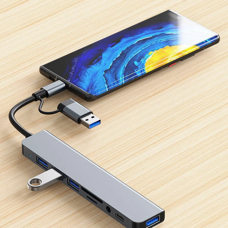 Station d’accueil HUB USB + Type C 8 en 2 – Adaptateur multifonction avec Jack Audio 3.5mm et lecteur de carte Micro SD