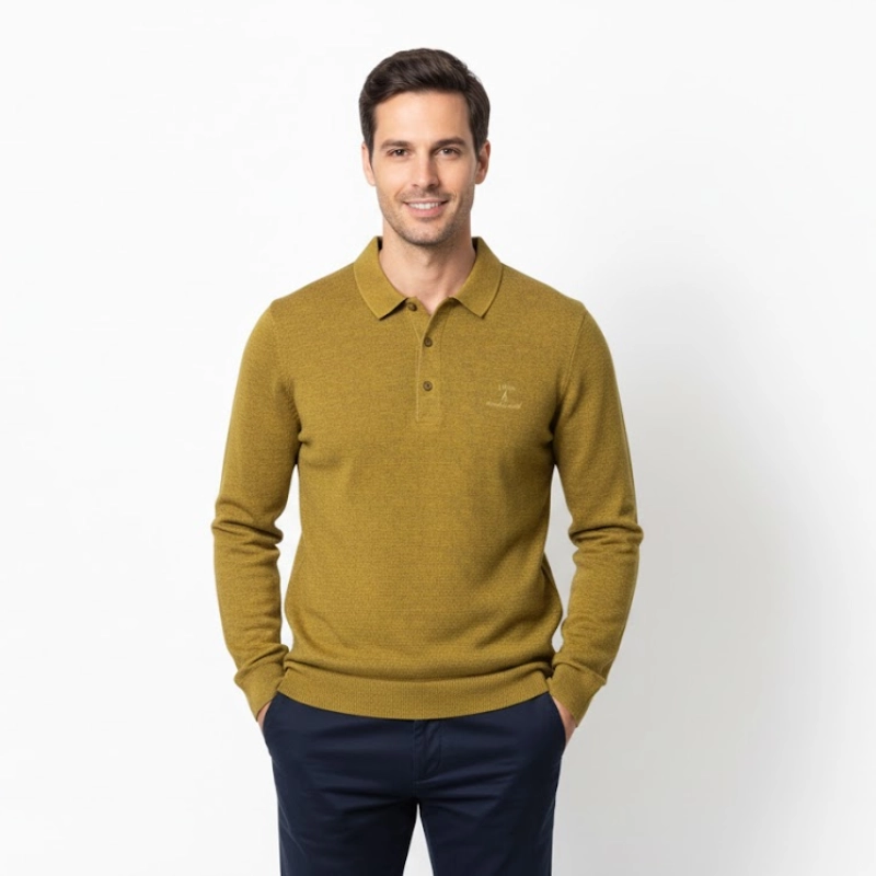 Polo homme manches longues – Style moderne en jaune moutarde