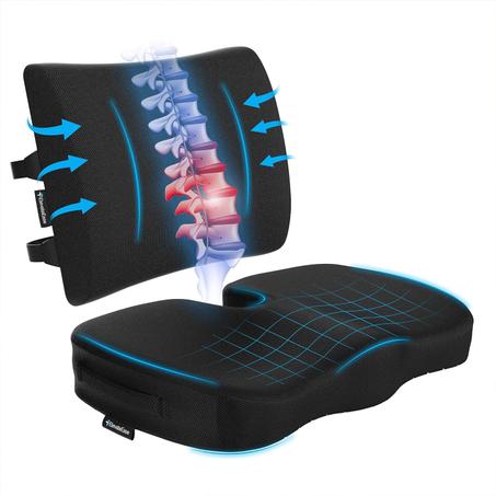 Juego de cojín de asiento de espuma viscoelástica y almohada de apoyo lumbar con fundas de malla y terciopelo, para silla de oficina, automóvil, avión, viajes, almohada de coxis para