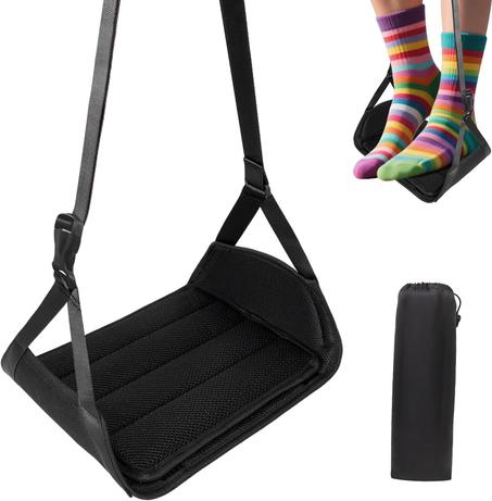 Hamaca de pie para avión – Reposapiés ajustable con pedal de bambú extraíble y espuma viscoelástica – Eslinga de pierna para vuelos y escritorio – Accesorio compacto de viaje en avión
