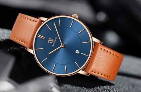 ساعة يد رفيعة للغاية انالوج بسيط بسوار معصم جلد مع عرض الوقت/التاريخ مناسبة كهدية عيد ميلاد للرجال والصديق من ال لافاردو