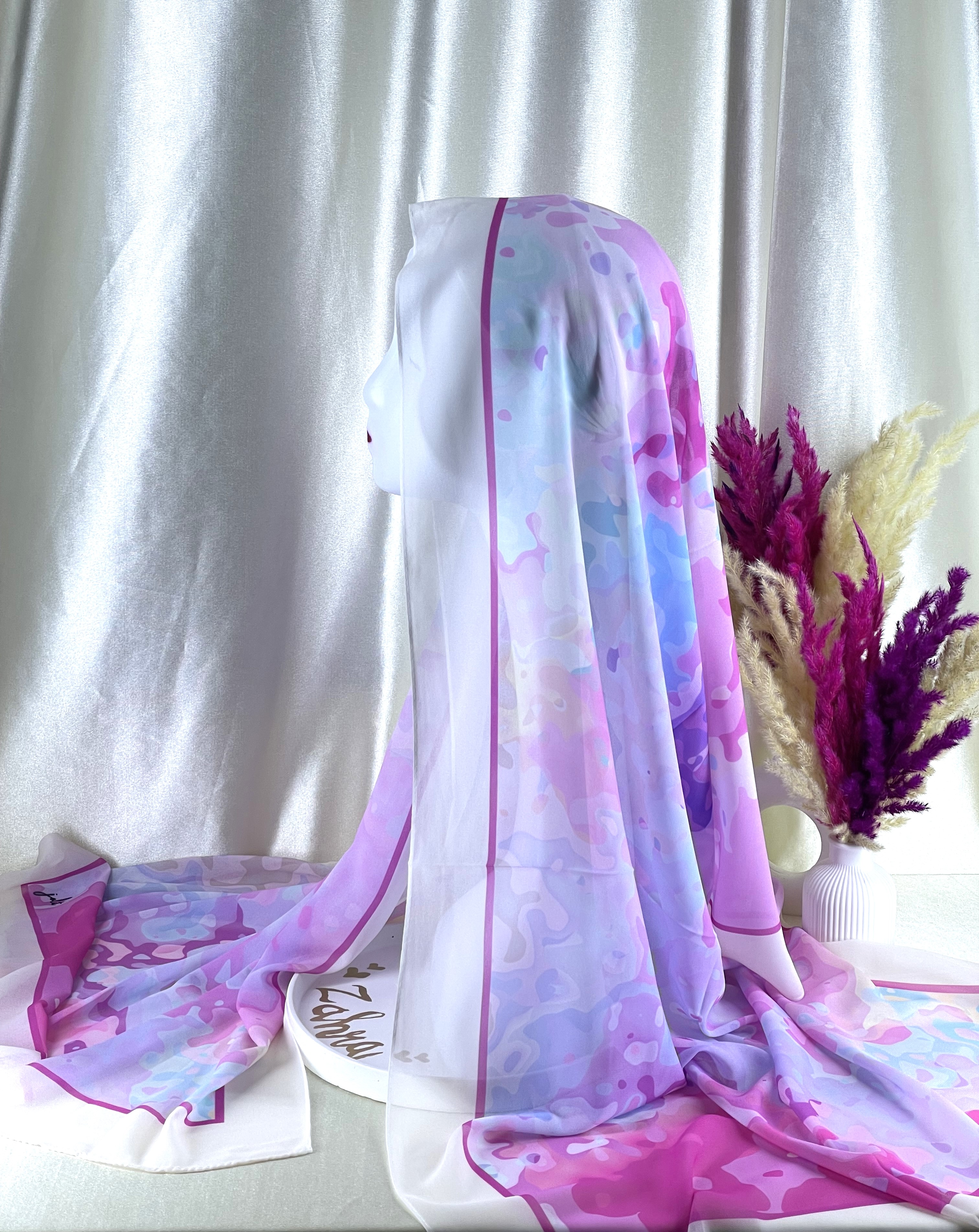 Châle crêpe chiffon lilas et rose à motifs doux