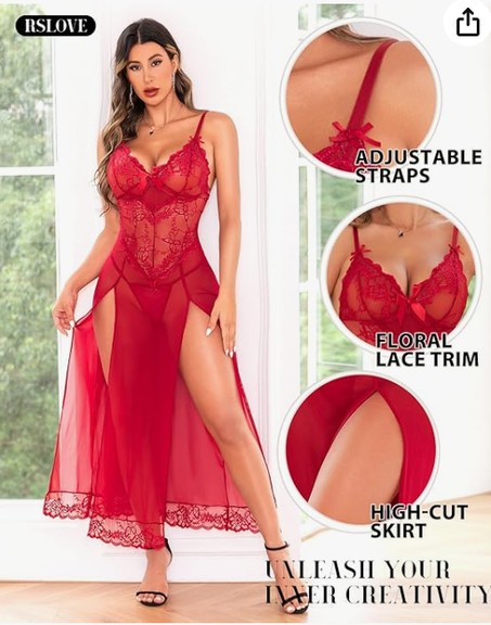 RSLOVE لانجري مثير - قميص نوم نسائي - فستان بطول الركبة - ملابس نوم - فستان بدون أكمام