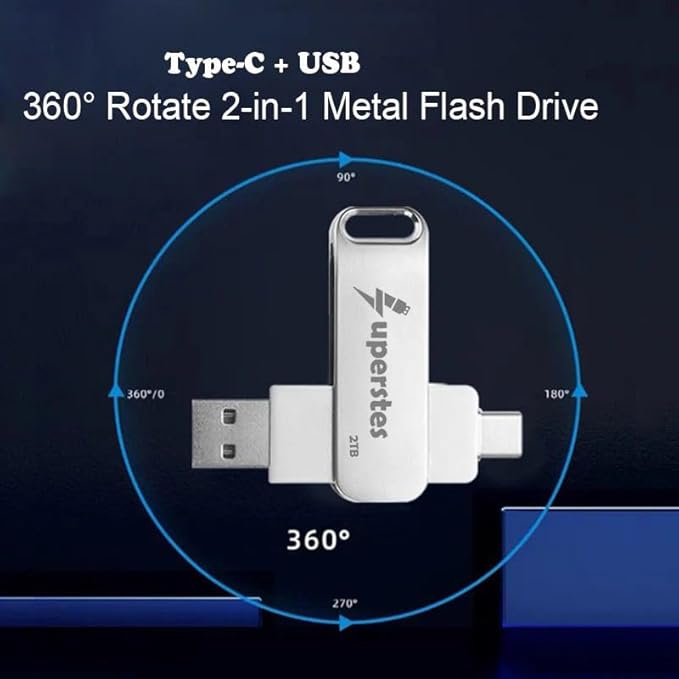 ذاكرة فلاش USB سعة 2 تيرابايت بواجهة نوع C عالية السرعة 2 في 1 مع فتحة مفتاح وسلسلة مفاتيح وخاصية اوه تي جي للهواتف الذكية والكمبيوتر والتابلت والكمبيوتر الشخصي