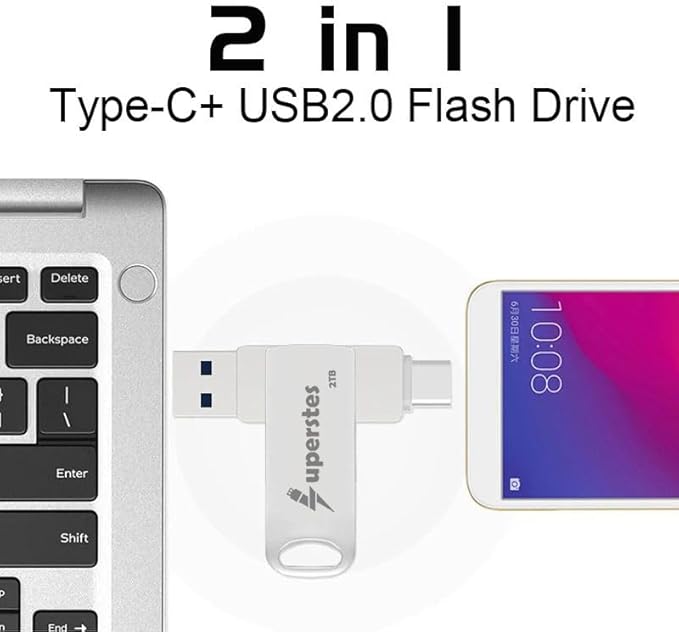 ذاكرة فلاش USB سعة 2 تيرابايت بواجهة نوع C عالية السرعة 2 في 1 مع فتحة مفتاح وسلسلة مفاتيح وخاصية اوه تي جي للهواتف الذكية والكمبيوتر والتابلت والكمبيوتر الشخصي
