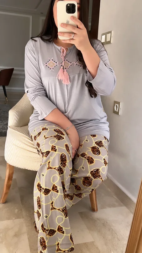 2ps pantalon khit et haut en coton viscose avec broderie