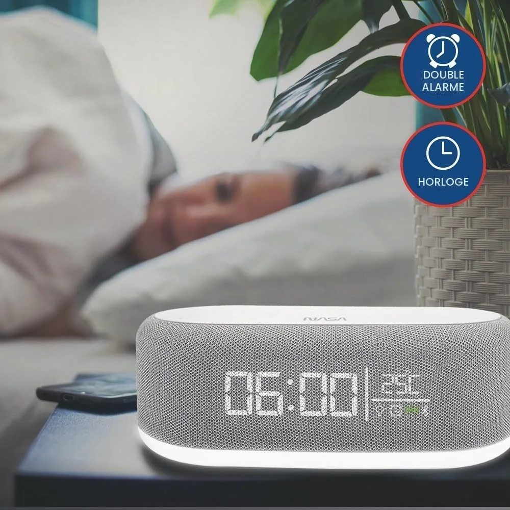 NASA SPC400 – الساعة الذكية 4 في 1 (منبه مزدوج + شاحن لاسلكي 15W + سبيكر ستيريو 10W + مصباح LED)
