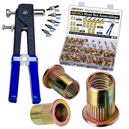 Kit de herramientas con remachadora a presión, 430 piezas de combinación de tuercas de remache métricas (M8/M6/M5/M4/M3), adecuado para aplicaciones de muebles, decoración, automotrices, mari