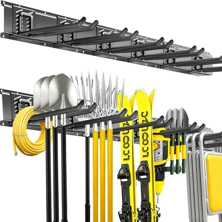 Organizador de herramientas de garaje para montaje en pared, sistema de almacenamiento de herramientas de jardín resistente de 48 pulgadas, fácil de instalar con 6 ganchos rectos ajustables, 