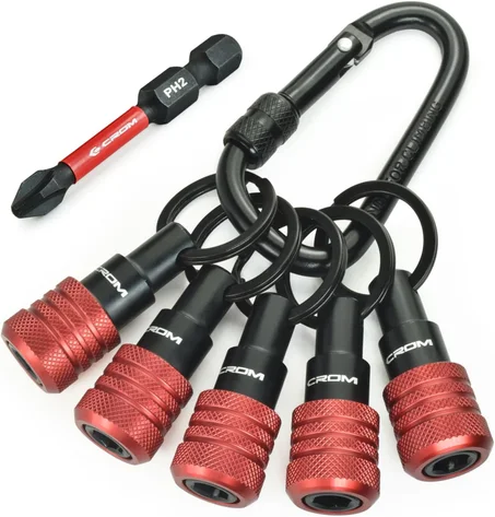 CROM Llavero con soporte de puntas de 5 piezas, juego organizador de vástago hexagonal de 1/4 pulgadas con mosquetón de bloqueo, accesorio de transporte diario, incluye broca Phillips #2 de 2