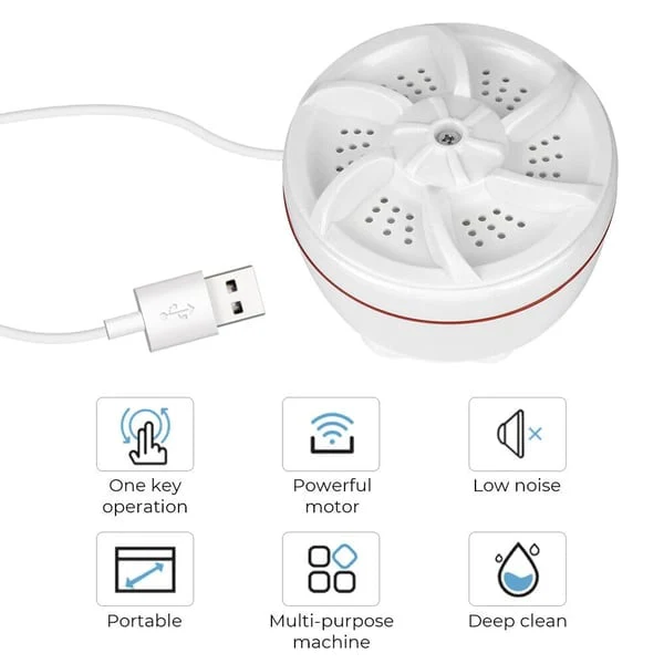 غسّالة محمولة صغيرة بالموجات فوق الصوتية (Ultrasonic) — قرص تربيني دوّار يوضع في الحوض أو الطشت لتنظيف الأطباق، الملابس، الخضار والفواكه — USB
