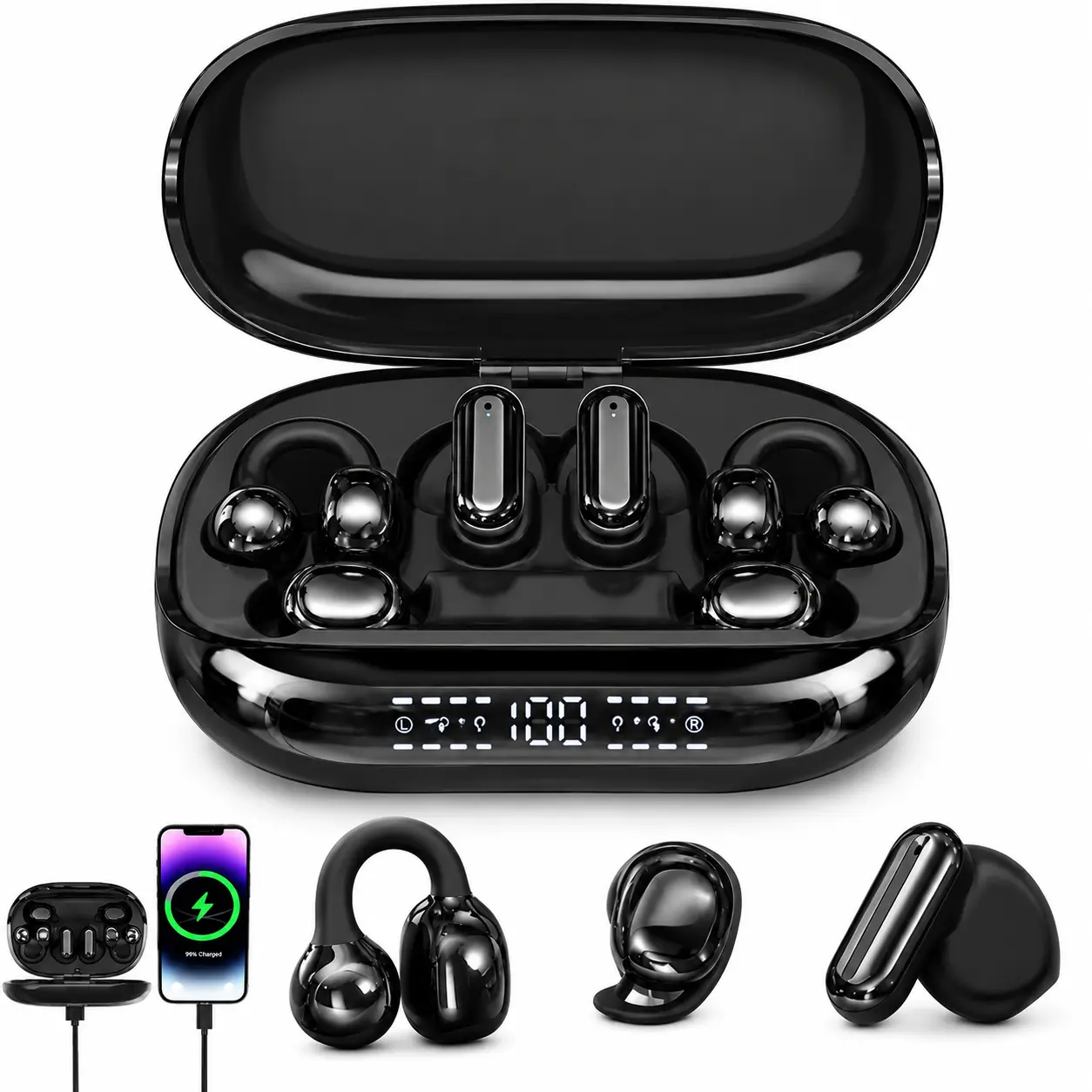 سماعات ذكية لاسلكية 6 في 1، سماعات مفتوحة بتصميم Clip-On وسماعات للنوم، Bluetooth 6.0، علبة شحن تعمل كباور بانك، مع شاشة LED لعرض مستوى البطارية.