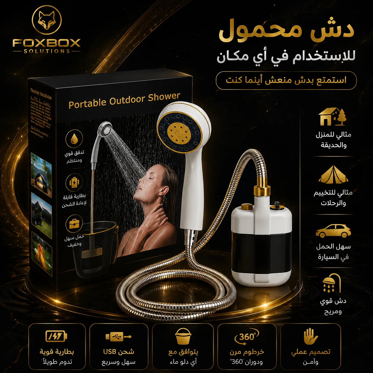 دوش محمول قابل لإعادة الشحن للتخييم والسفر — مضخة USB مع رأس دوش وخرطوم — استحمّ في أي مكان: كامبينغ، بحر، سيارة وحديقة