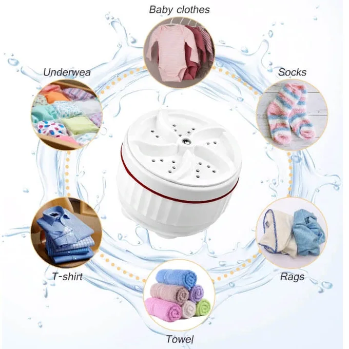 غسّالة محمولة صغيرة بالموجات فوق الصوتية (Ultrasonic) — قرص تربيني دوّار يوضع في الحوض أو الطشت لتنظيف الأطباق، الملابس، الخضار والفواكه — USB