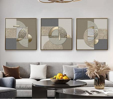 Tableau abstraite en noir et or, lot de 3 oeuvres d'art encadrées avec feuille d'or