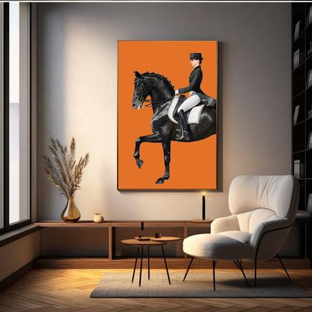 Tableau Grand cheval noir équestre royal nordique, cavalier, cheval noir de dressage et femme