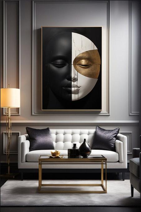 Tableau visage en noir et blanc, compositions symétriques, réalisme futuriste, art de la côte d'ivoire, accent feuille d'or