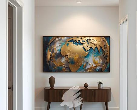 Tableau abstrait Gold Earth : carte du monde moderne