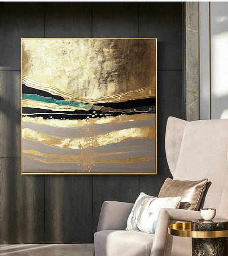 Élégance opulente : Décor carré Golden Wave avec des coups de pinceau luxueux et chatoyants pour des décorations haut de gamme, Art mural