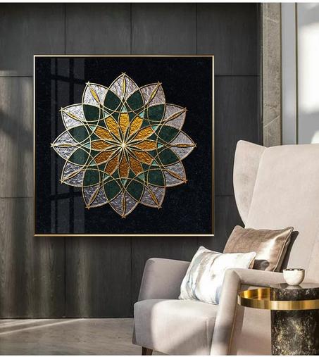Tableau carré, Original innovant chinois lumière luxe abstrait Zen fleur d’or cristal